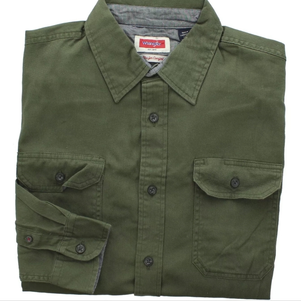 New! Wrangler Men's Comfort Flex Denim Twill Long Sleeve Button Up Regular Fit